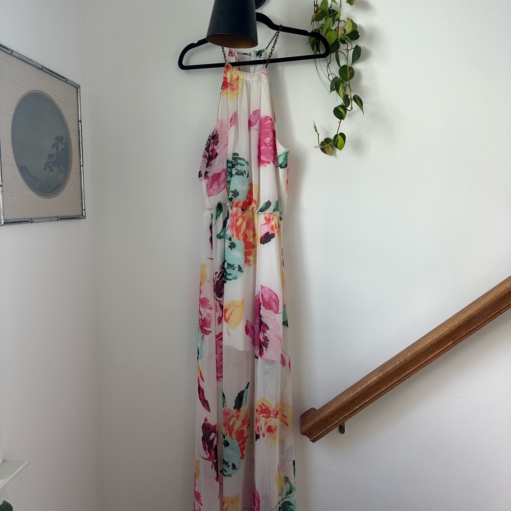 Bisou Bisou Vibrant Floral Maxi Dress and Chain Halter Size 10